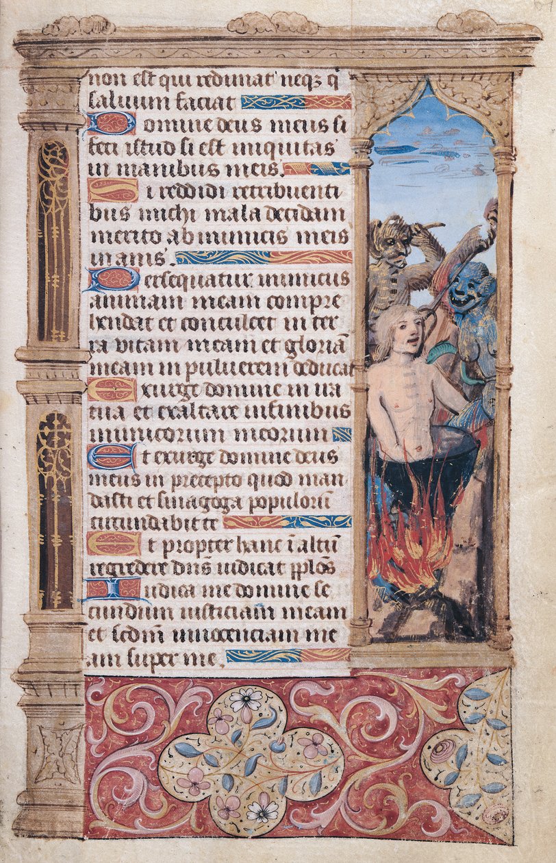 Fol.67r Página de texto con un detalle de borde de un hombre siendo torturado por dos demonios, de "Heures de l"Usage de Rome" de French School