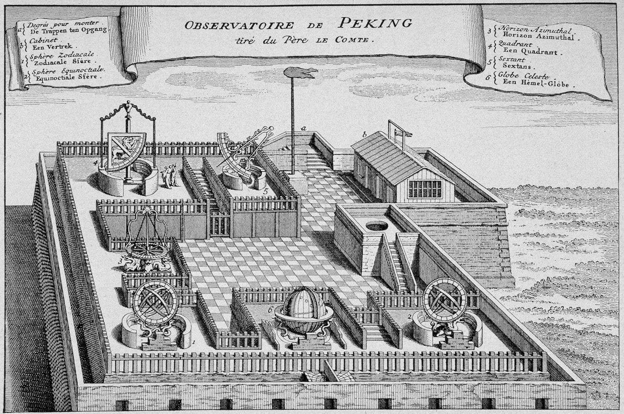 Antiguo observatorio chino en Pekín - basado en un grabado en cobre de "La Historia de los Viajes" de 1747 de French School