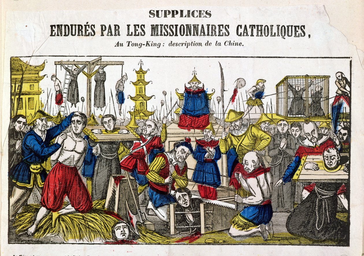 Formas de tortura soportadas por los misioneros católicos en Tonking, China, 1840 de French School