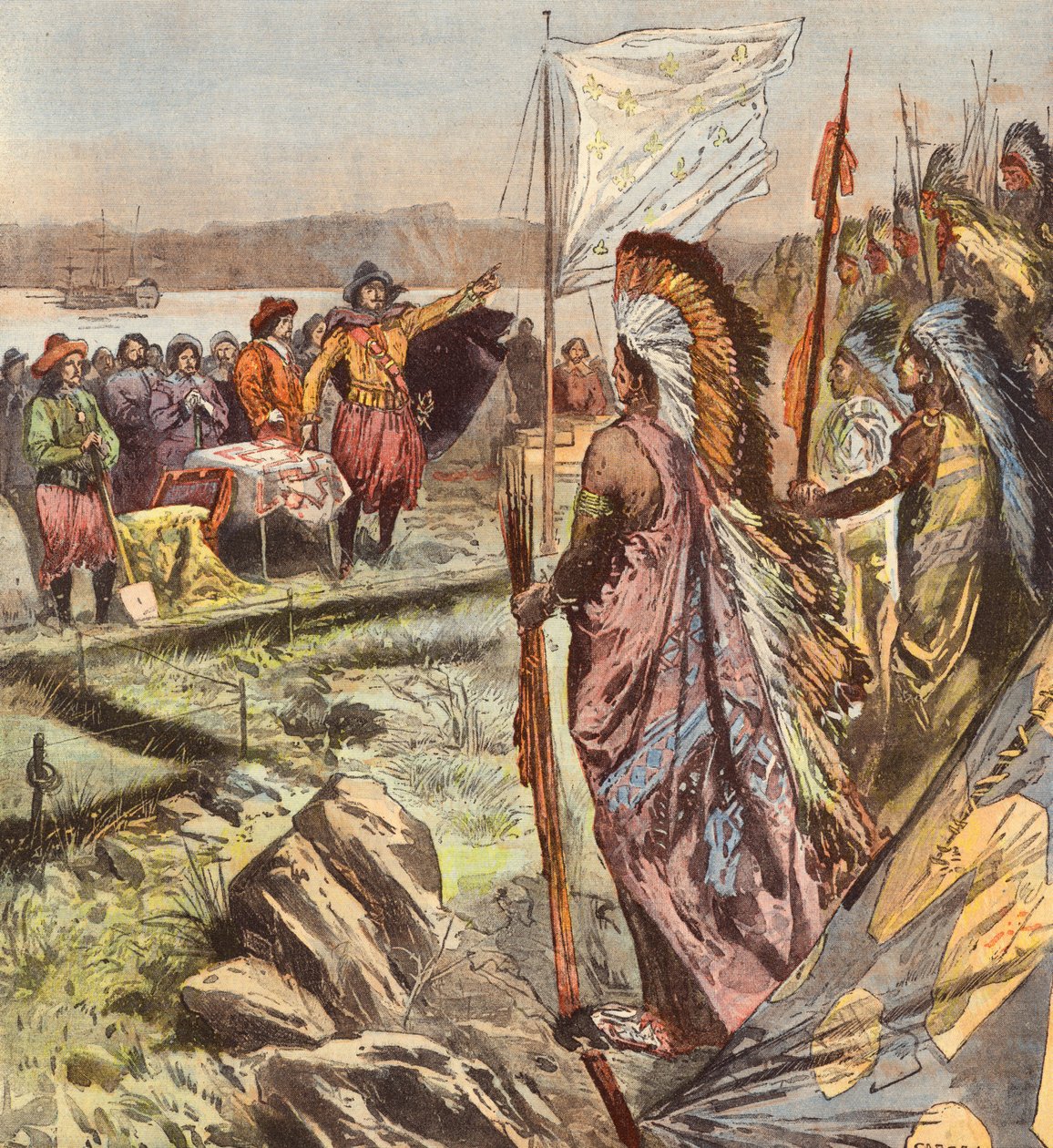 Fundación de la ciudad de Quebec por Samuel de Champlain (litografía en color) de French School