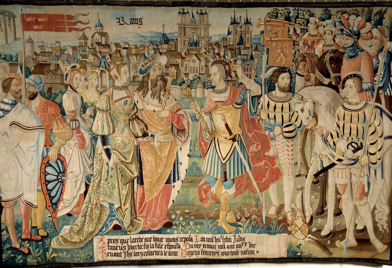 Fundación de la ciudad de Reims: Remus casó a su hija con el rey Francus, hijo de Héctor. Tapiz de 