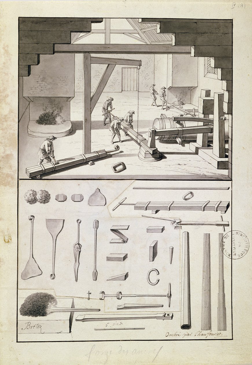 Fundición, dibujo para la Description des Arts et Métiers, por L. Simonneau, que inspiró a Diderot para la Encyclopédie de French School