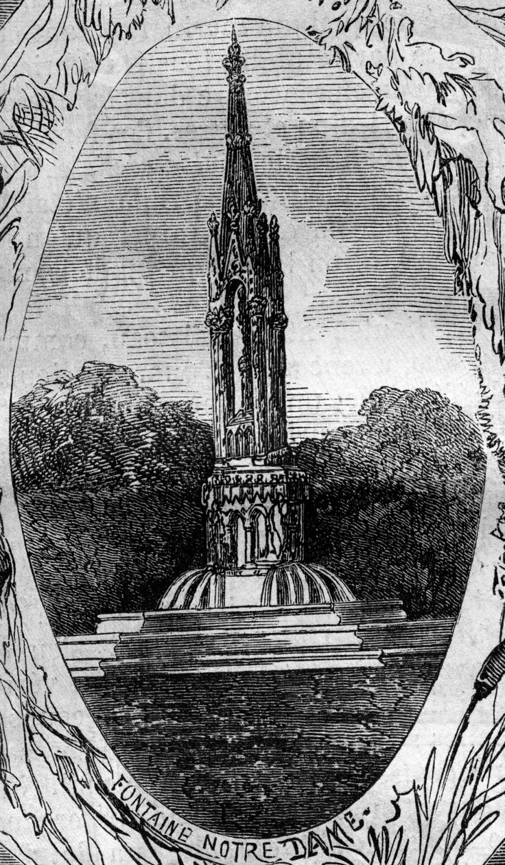 Fuente de París: vista de la Fuente de la Virgen (Fuente de Notre Dame) (circa 1845). Grabado en "Le Monde Illustré" n°254 del 22 de febrero de French School