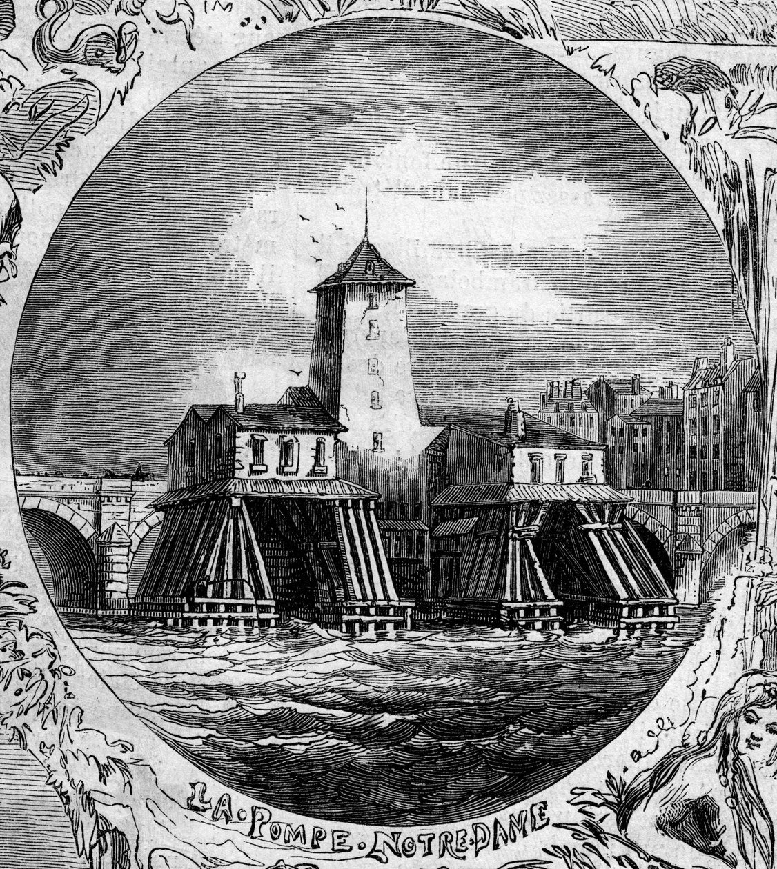 Fuente de París: vista de la Pompe Notre Dame (1676). Esta bomba hidráulica fue demolida en 1858. de French School
