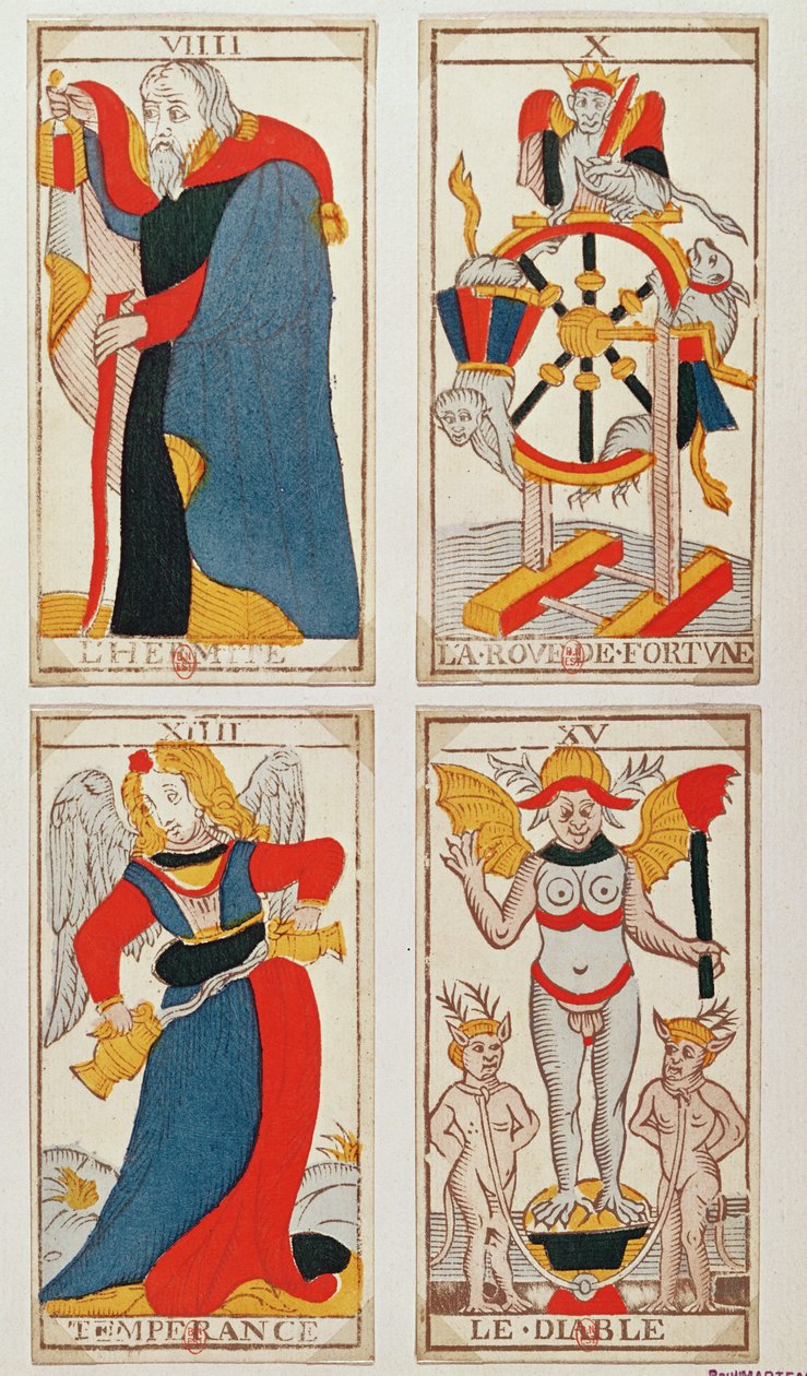 Cuatro cartas del tarot que representan El Ermitaño, La Rueda de la Fortuna, La Templanza y El Diablo de French School