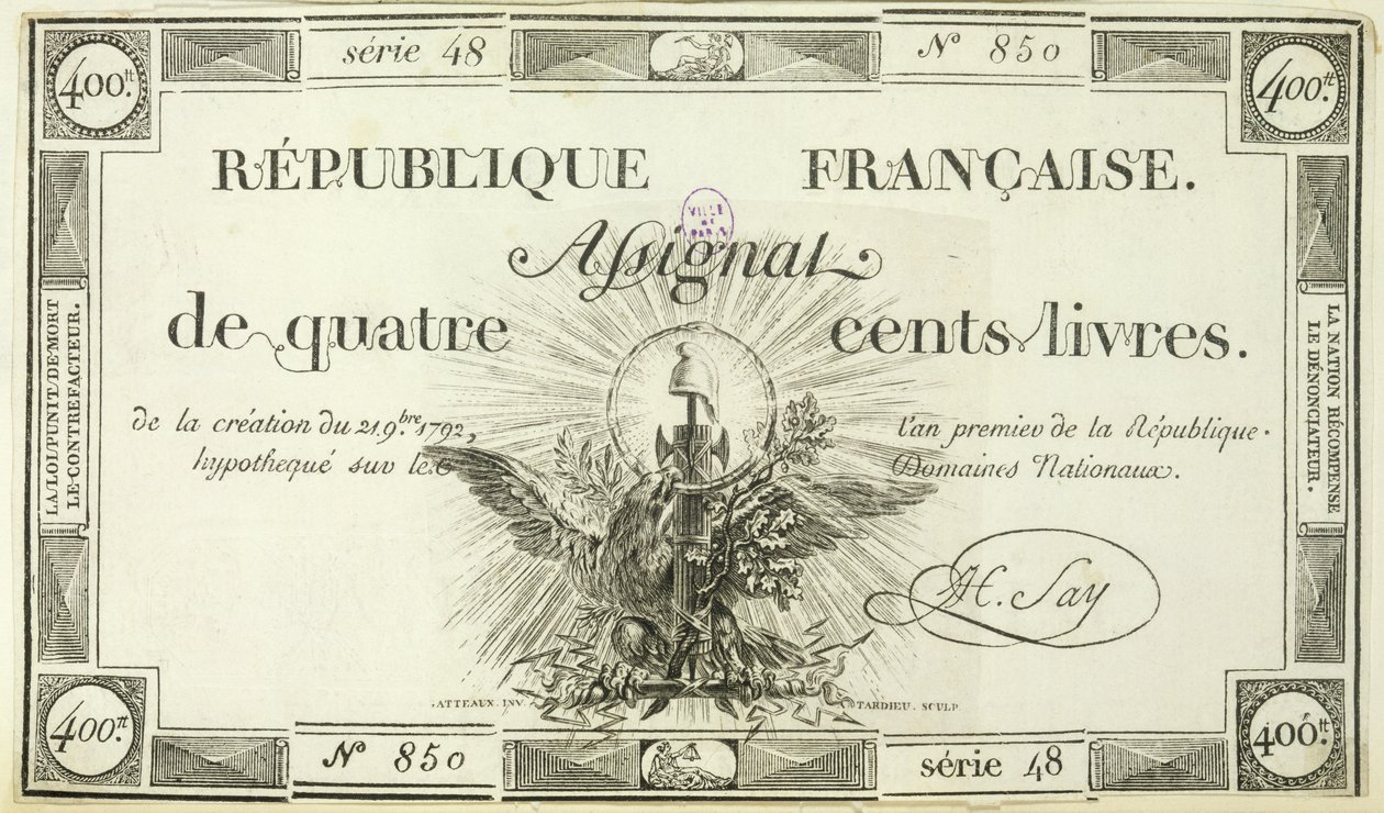 Billete de cuatrocientos libras, 21 de septiembre de 1792 de French School