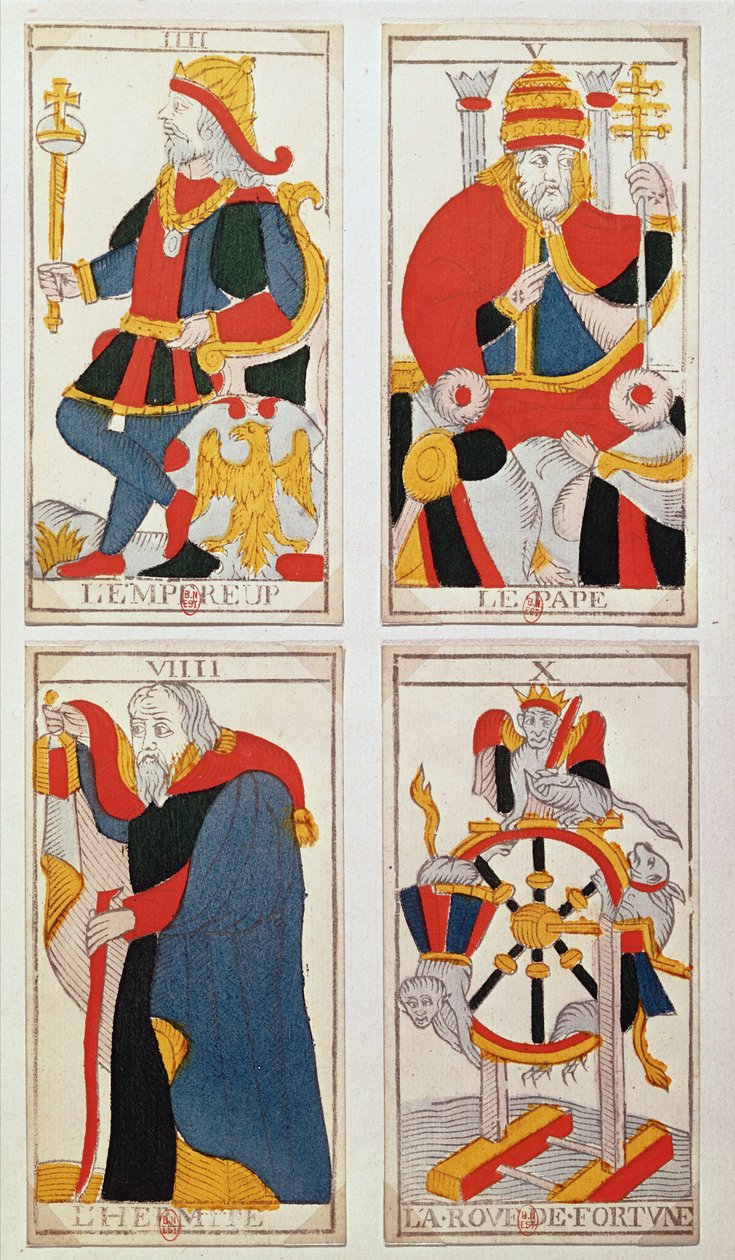 Cuatro cartas del tarot que representan El Emperador, El Papa, El Ermitaño y La Rueda de la Fortuna de French School
