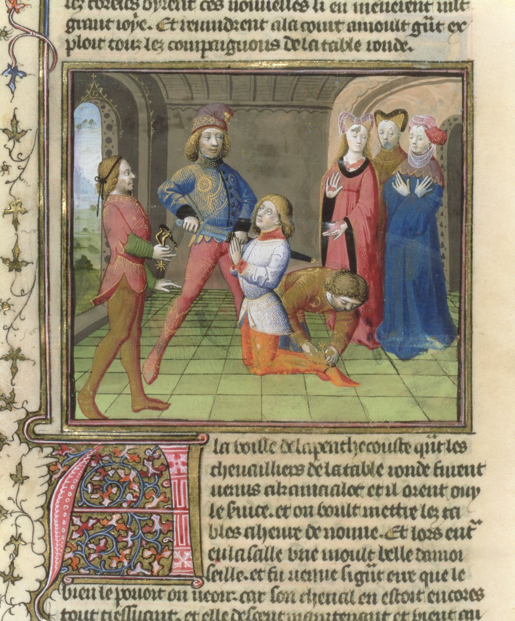 Fr.120 f.522v El nombramiento de caballero de Lancelot de La historia de Lancelot en La Quite de Saint Graal de French School