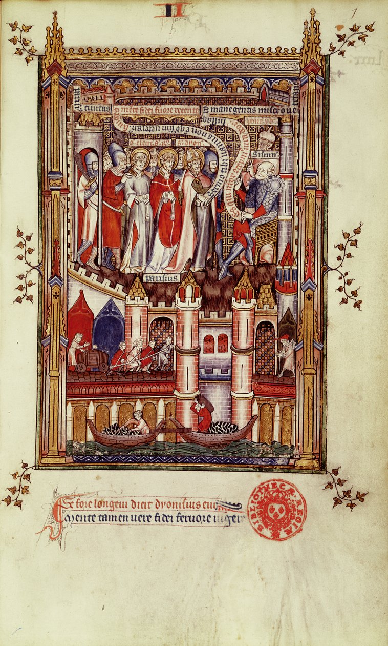 El primer interrogatorio de San Denis y sus compañeros por Sisinnius, de la Vie de St. Denis, 1317 de French School