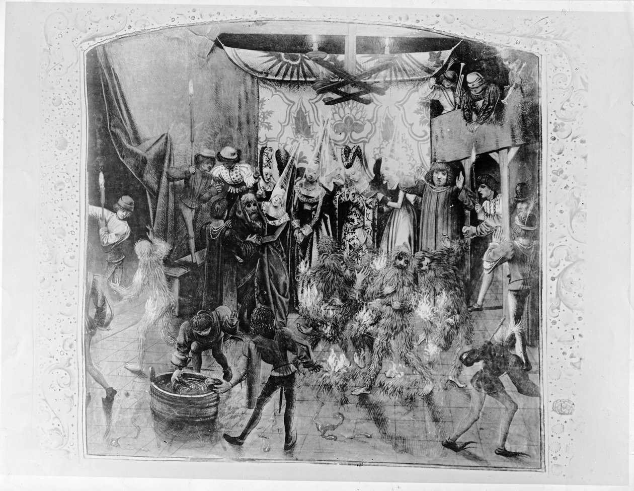 Baile de los Ardientes, Carlos VI (1380-1422) siendo salvado por la Duquesa de Berry después de que Luis de Orleans incendiara los disfraces de los bailarines, de la Crónica de Froissart, 1392 de French School