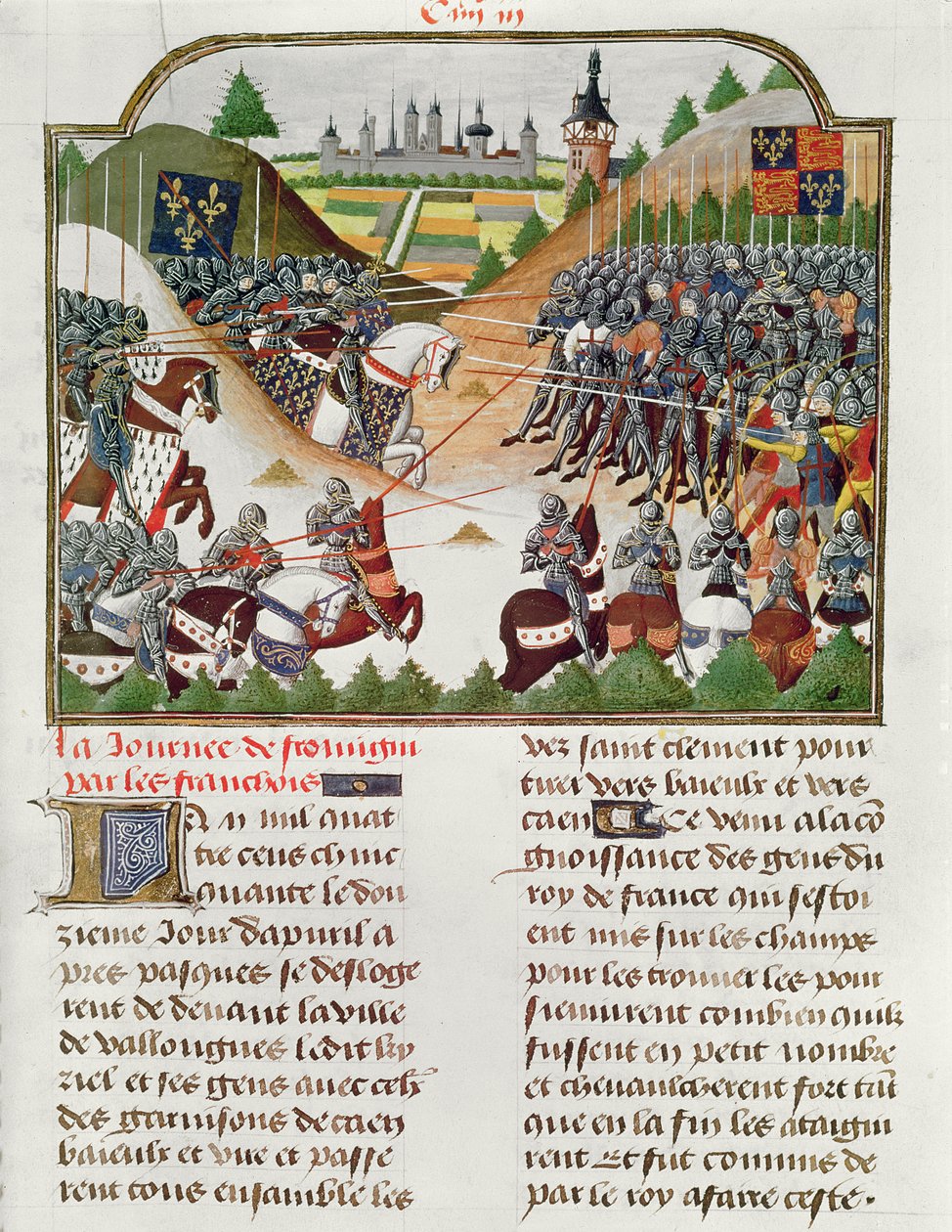 Fr 2691 f.183 Escena de batalla, de la "Crónica de Carlos VII de Francia" de Jehan Charetier (vitela) de French School