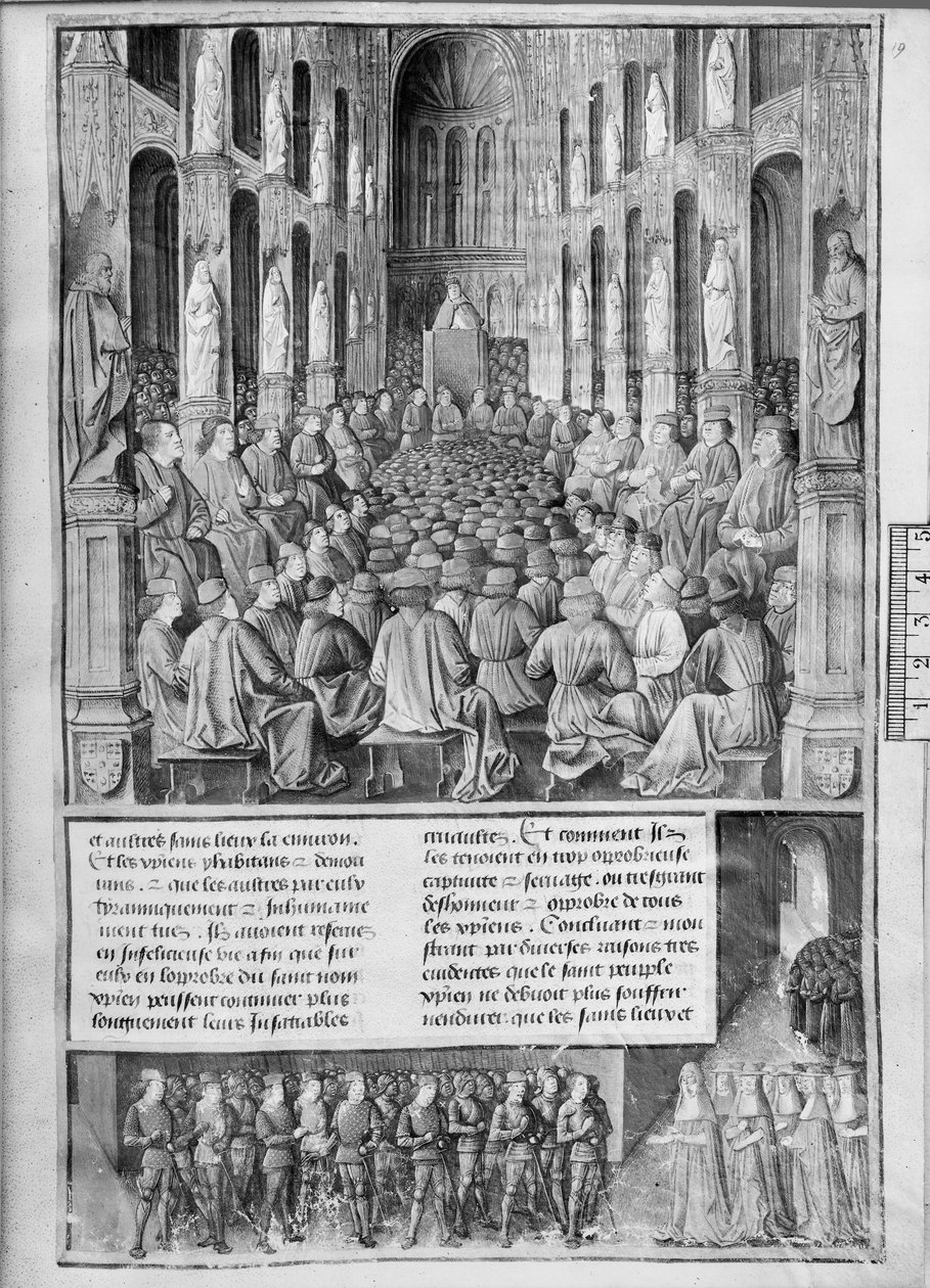 Fr 5594 fol.19 Cómo el Papa Urbano II (1042-99) predicó la reconquista de la Iglesia del Santo Sepulcro en el Concilio de Clermont-Ferrand, ilustración de Les Passages d