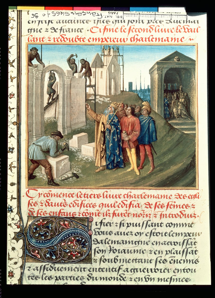Construcción de la iglesia en Aix La Chapelle por Carlomagno (742-814) de French School