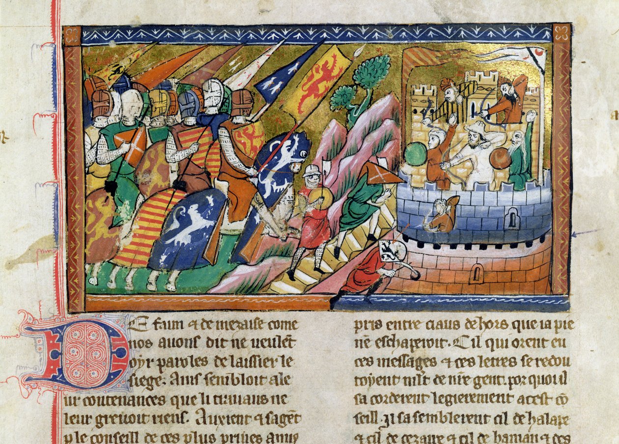 Fr 9084 f.53 Ejército inglés atacando un castillo, de la "Chronique de Guillaume de Tyr" (vitela). de French School