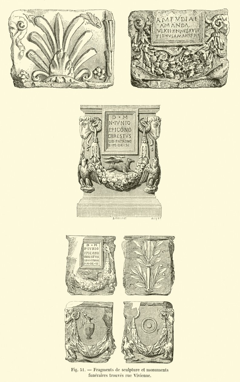 Fragmentos de esculturas y monumentos funerarios hallados en la rue Vivienne (grabado) de French School