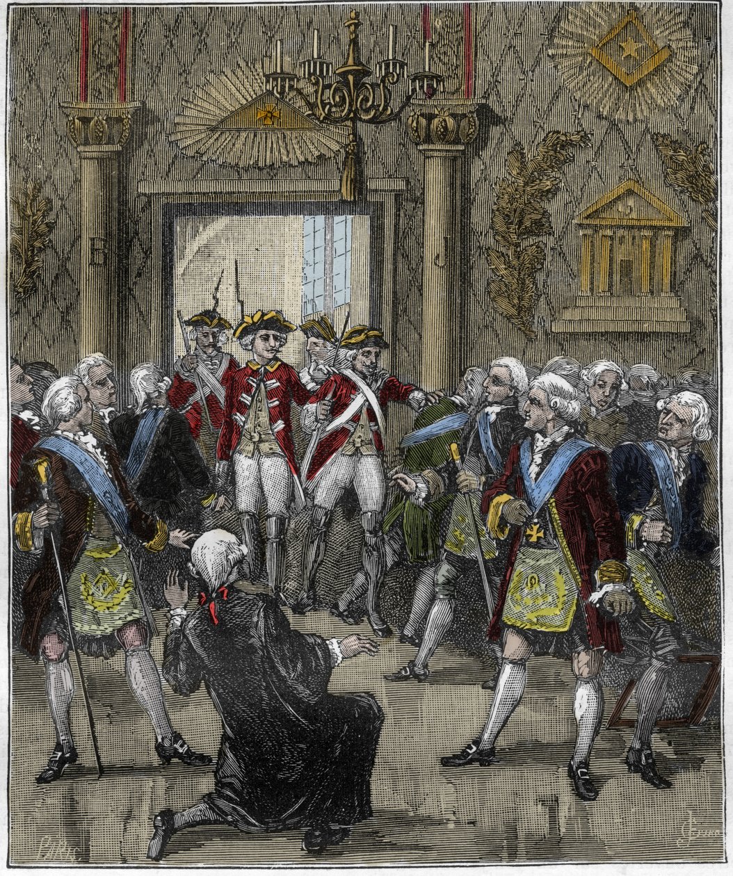 Franc-Masonería en el Hotel de Soisson en París en junio de 1745: ceremonia franco-masona interrumpida por la llegada de un comisario de policía. Grabado en "París a través de los siglos", Gourdon de Kenouillac 1880. de French School