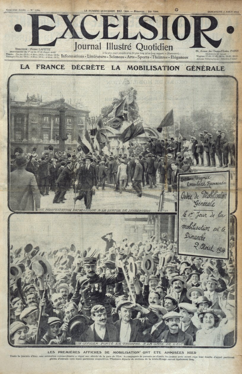 Francia declara movilización general el 2 de agosto de 1914, ilustración de portada de Excelsior el domingo 2 de agosto de 1914 de French School