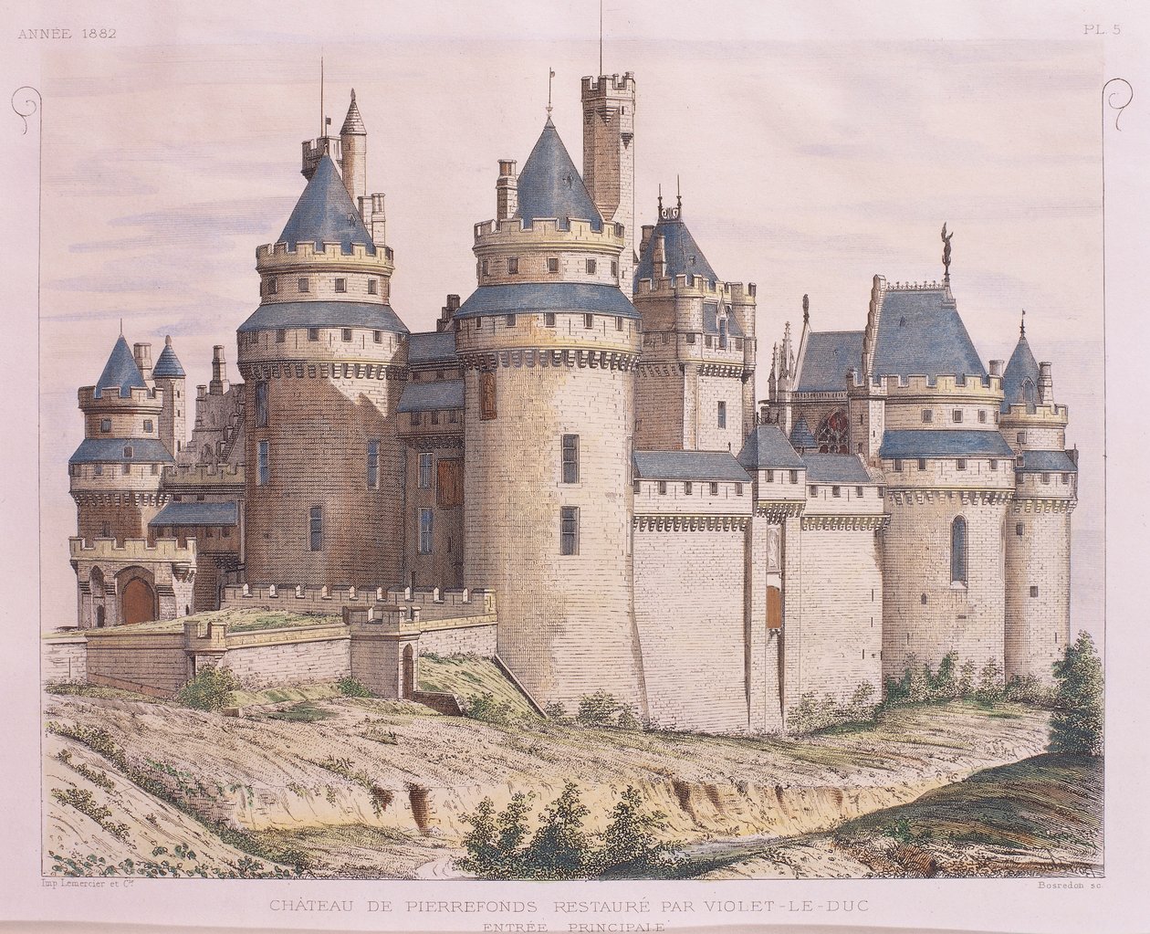 Francia, Castillo Medieval de Pierrefonds, restaurado por Violet le Duc de Moniteur des Architectes, grabado de French School