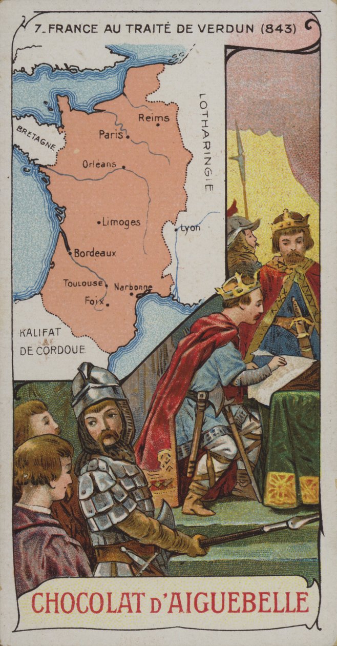 Francia en la época del Tratado de Verdún, 843 (cromolito) de French School