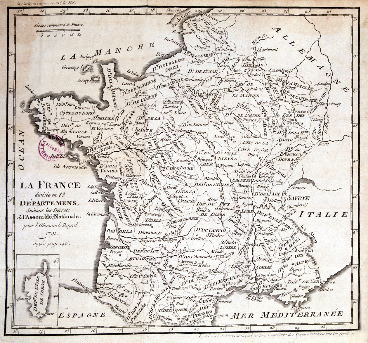 Francia dividida en 83 departamentos según los decretos de la Asamblea Nacional de 1791 de French School