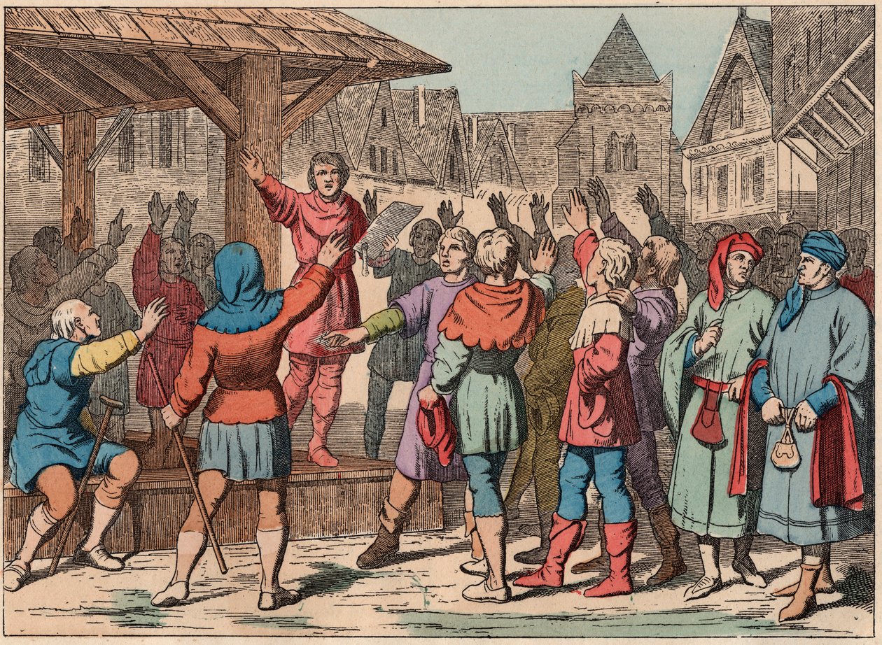 Francia en la Edad Media: las comunas - Carta comunal - Juramento - Grabado de finales del siglo XIX en “Nos Gires Nationales - Imágenes y relatos” de French School