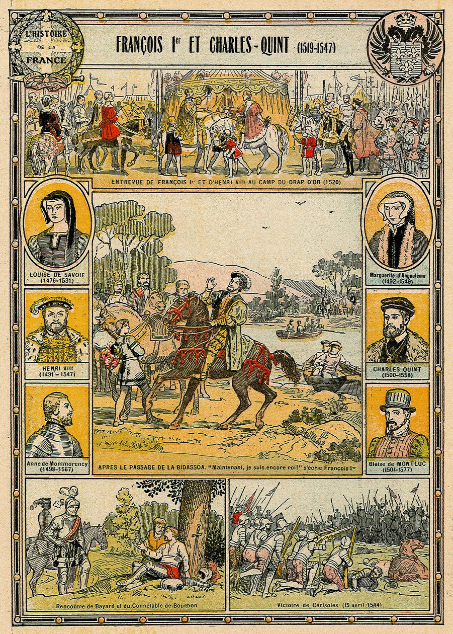 Francisco I de Francia y Carlos V, emperador del Sacro Imperio Romano Germánico, ilustración de "Histoire de France". de French School