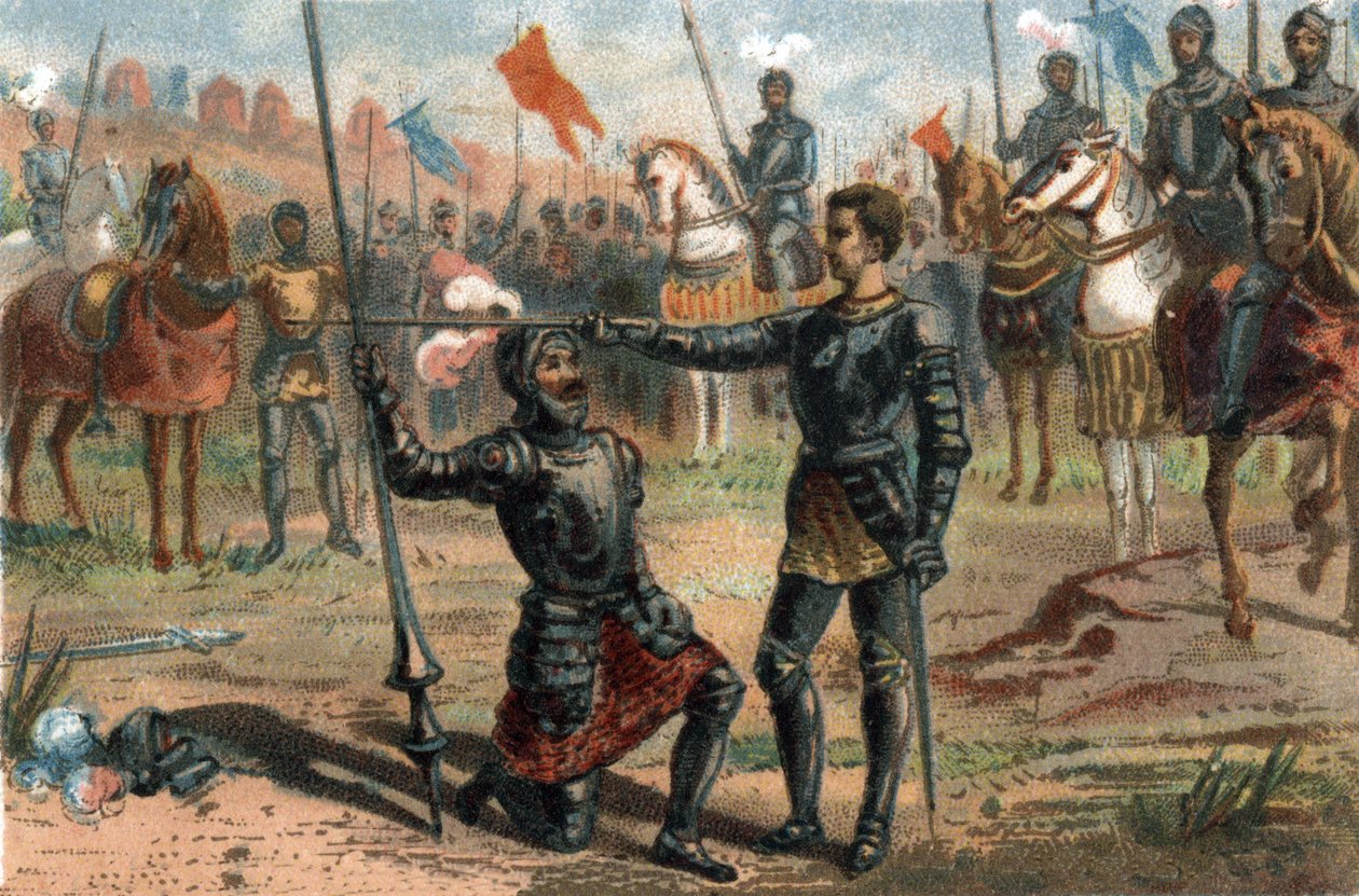 Francisco I de Francia solicitando ser armado caballero por el Caballero Bayard tras la victoria en la Batalla de Marignano, Italia. de French School