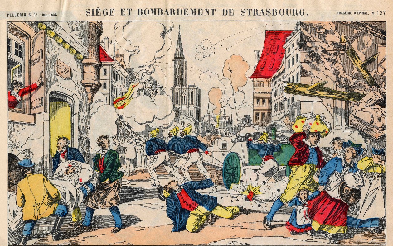 Guerra Franco-Prusiana (1870-1871), el 23 de agosto de 1871, Estrasburgo fue bombardeado y tuvo que rendirse el 28 de septiembre. Imagen de Epinal de French School