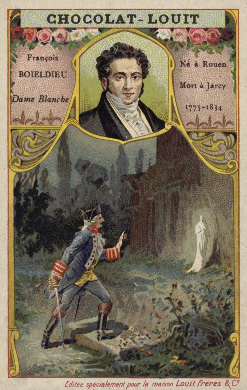 Francois-Adrien Boieldieu, compositor francés, y una escena de su ópera La Dame Blanche (cromolito) de French School