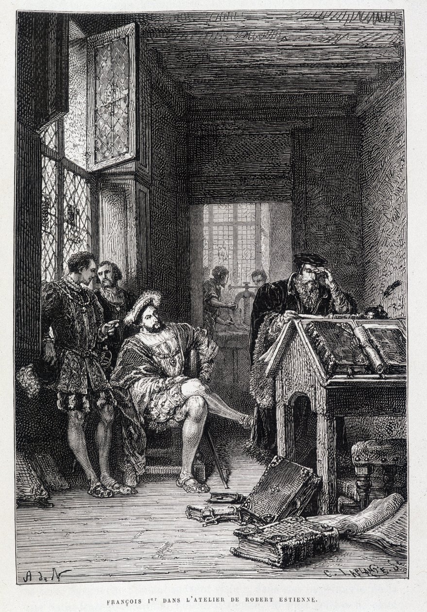 Francisco I en el estudio de Robert Estienne - grabado de French School