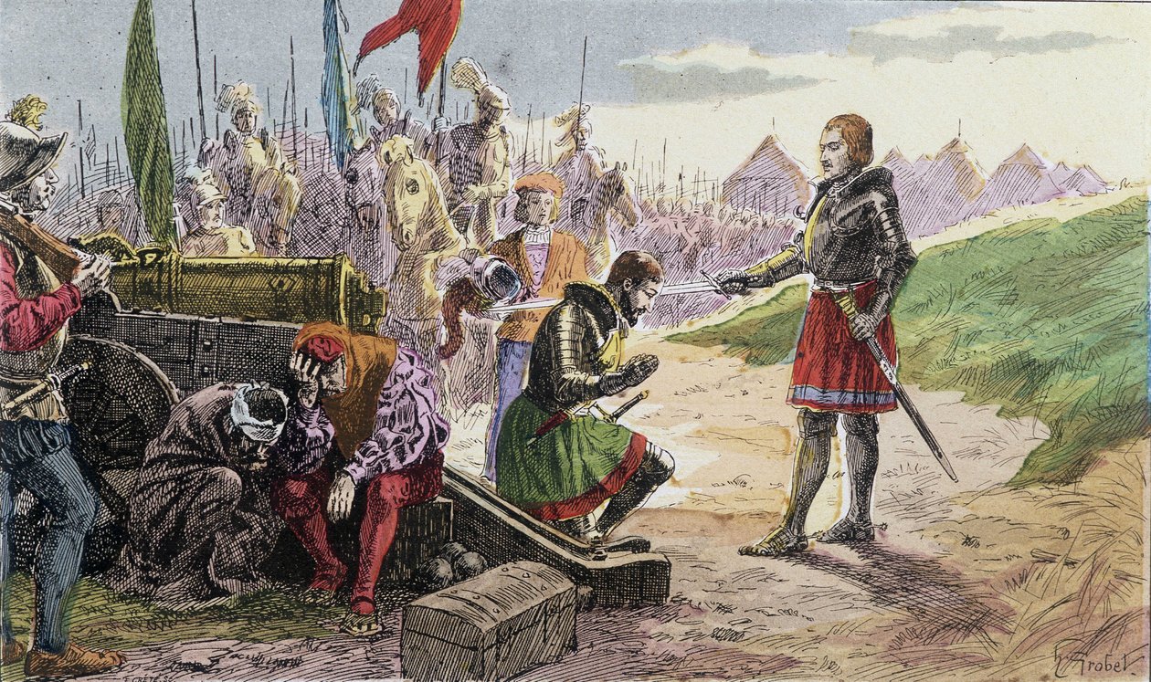 Francisco I, armado caballero por Bayard, en Marignano - Ilustración del siglo XIX de French School
