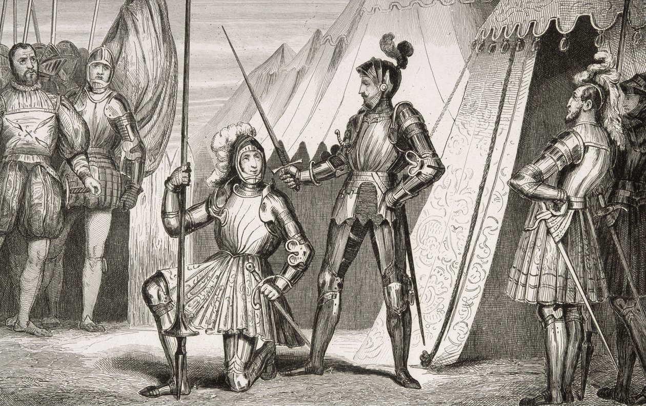 Francisco I (1494-1547) nombrado caballero por el Capitán Bayard después de la Batalla de Marignano, de 
