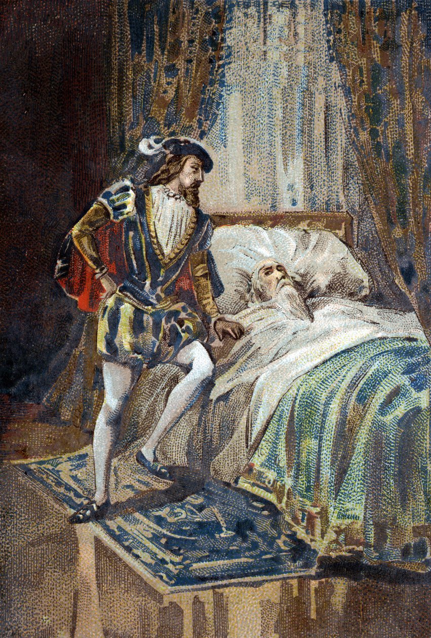 Francisco I, Rey de Francia, recibe los últimos suspiros de Leonardo da Vinci en Clos Lucé. Cromolitografía alrededor de 1890. de French School