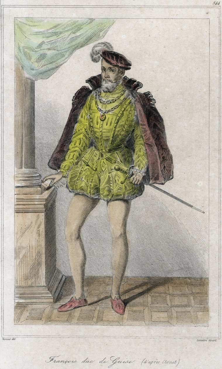 François I de Lorraine, 2º Duque de Guise (1519 - 1563). Inició la primera guerra de religión con la masacre de Wassy (Vassy) (1562). Grabado del siglo XIX. de French School