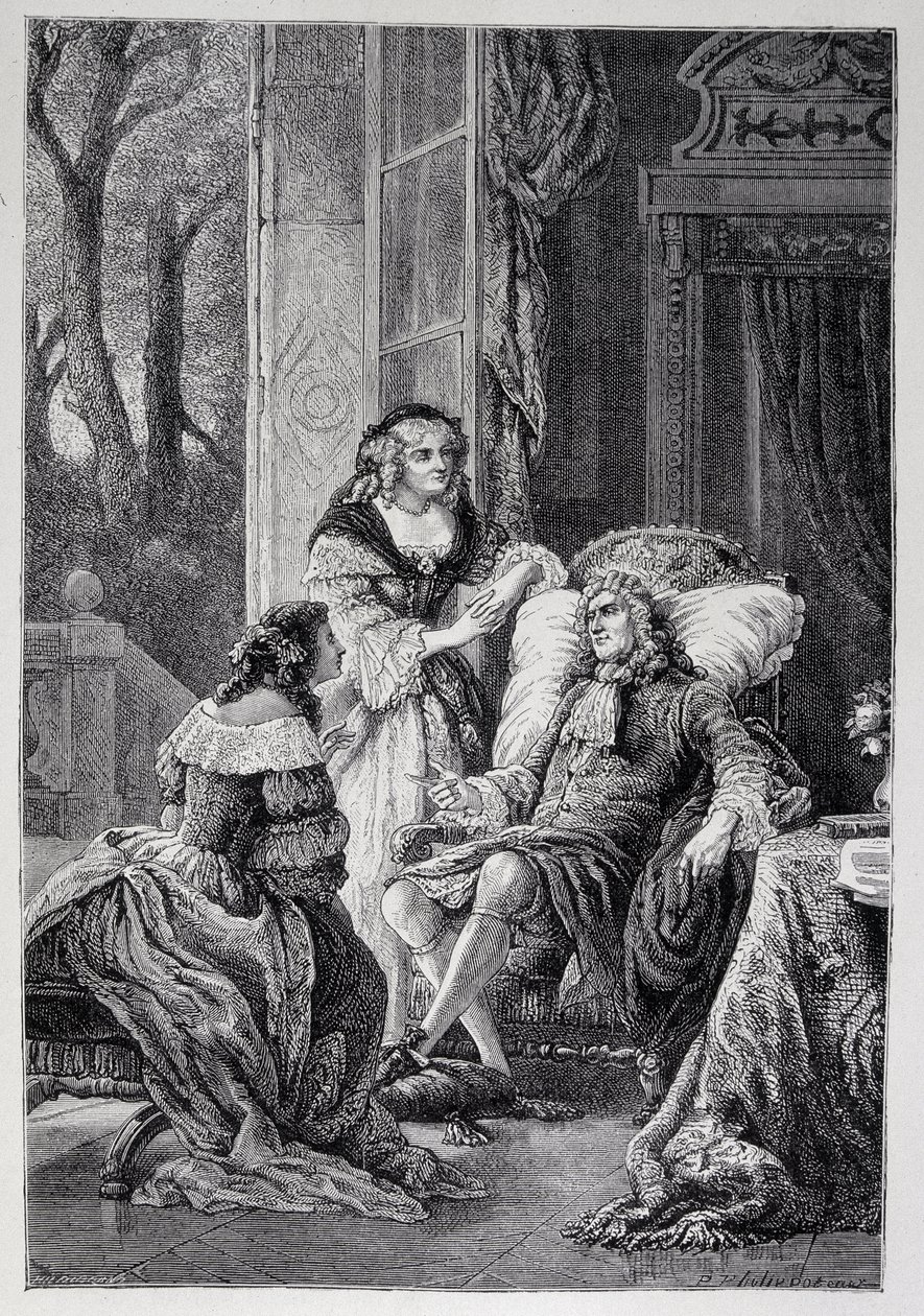 François de la Rochefoucauld (1613-1680) conversando con Mademoiselle de Sévigné (Marie de Rabutin-Chantal), Marquesa de Sévigné llamada Madame de Sévigné (1626-1696) y Marie-Madeleine Pioche de La Vergne, condesa de Lafayette (Madame de la Fayette) de French School