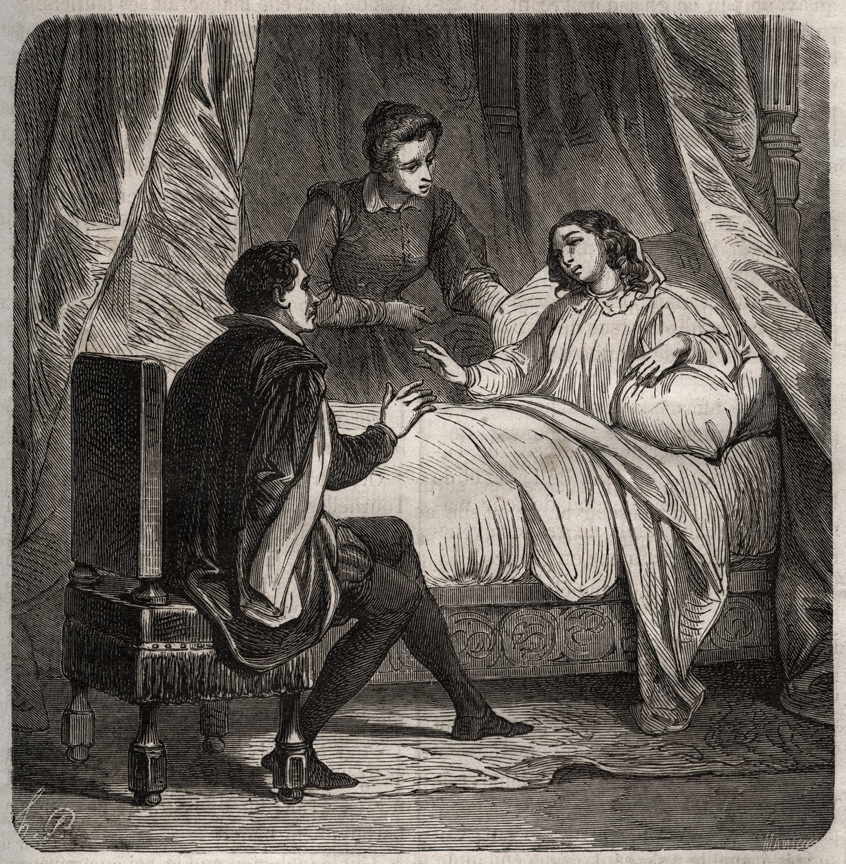 Françoise de Foix, Condesa de Chateaubriant (ca. 1495-1537), enferma, recibe a Clément des Marets dit Marot (1496-1544), el valet de François I, en la cama. Grabado de 1871 en “Histoire Des Cocuses Celebres” de Henry de Kock de French School