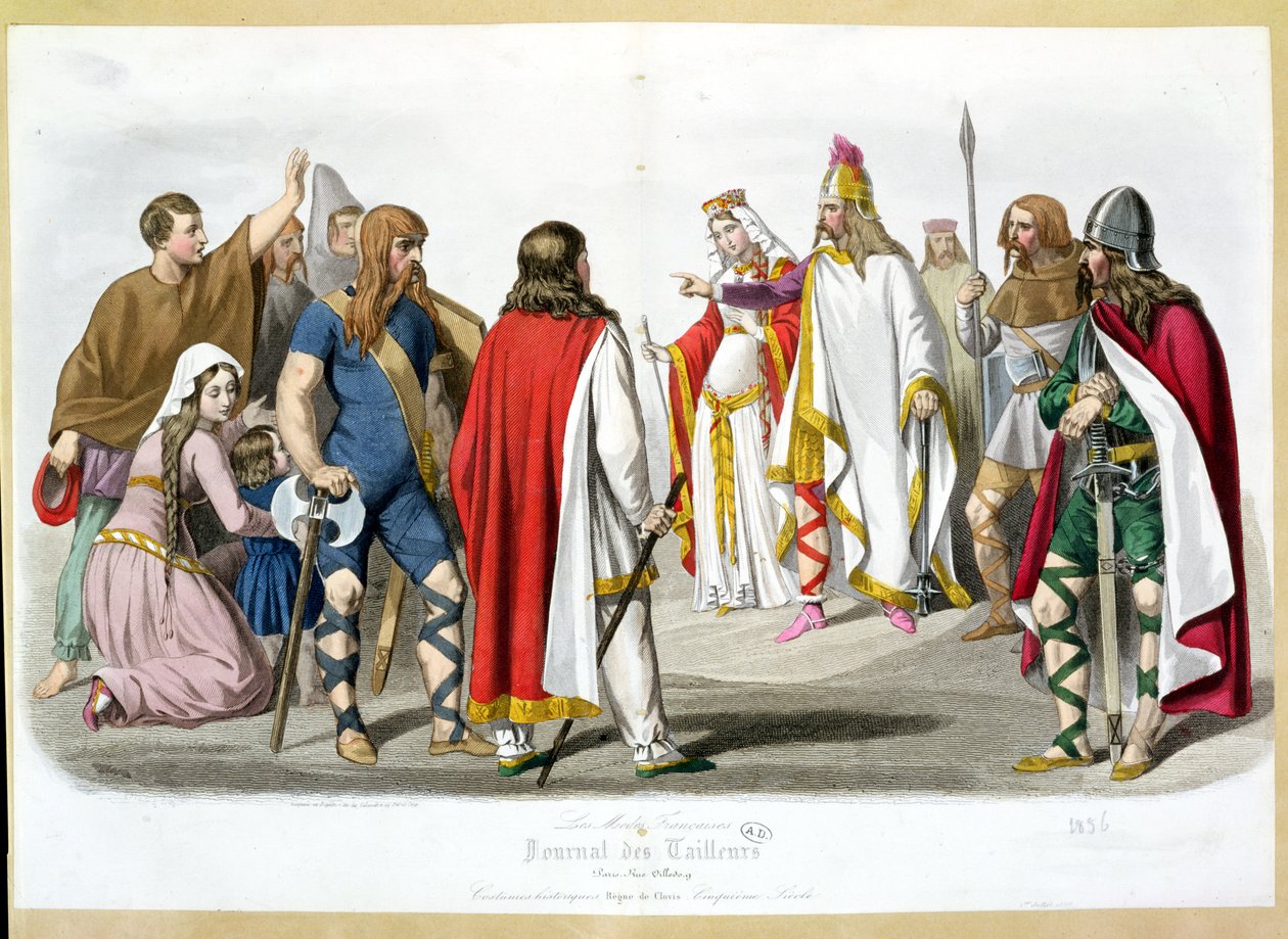 Trajes francos y merovingios, placa de moda histórica de Les Modes Francaises - Journal des Tailleurs, 1836 de French School