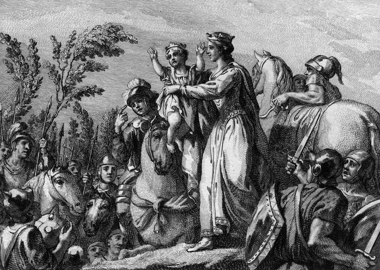 Fredegunda (545-597), Reina de Neustria, sosteniendo en sus brazos a su hijo, el futuro Clotario II (584-628); 584. Grabado del siglo XVIII. de French School