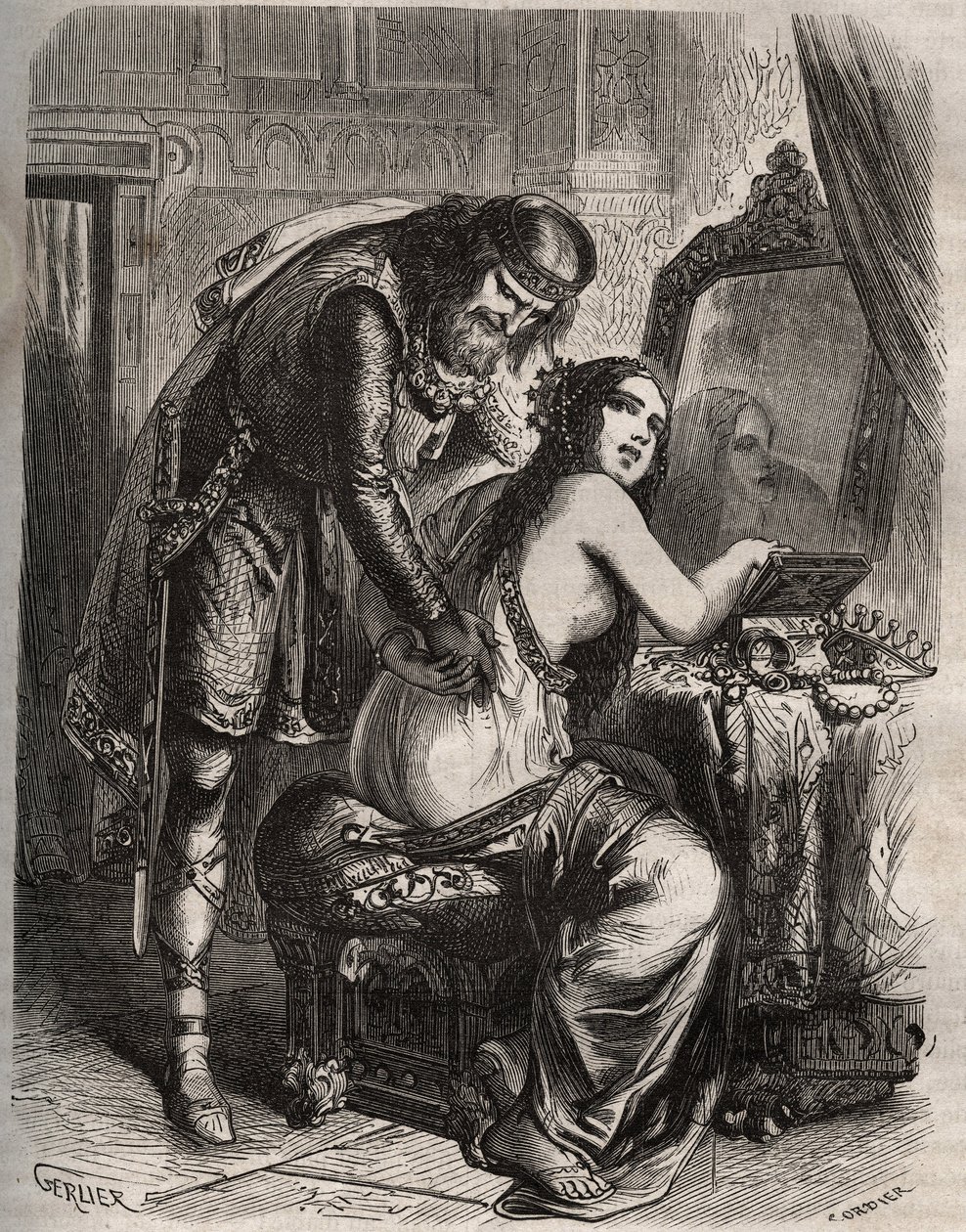 Fredegunda (545-597) toma a su esposo, el rey de los Francos Chilperico I (543-597), por su amante, Landerico. El rey descubre que su esposa lo engaña. Grabado de 1871 en “Histoire Des Cocus Celebres” por Henry de Kock (1819-1892). de French School
