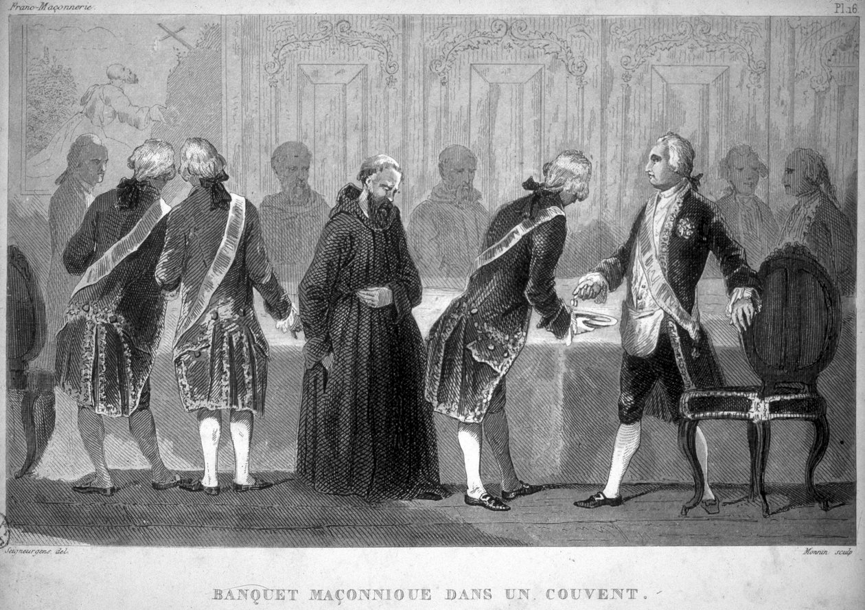 Freemaking: Banquete macónico en un convento. Grabado de "Picturesque Histoire de la Franc Maconnerie et des Societes Secretes antique et modernes" de F.-T. B. Clavel. Pagnerre, editor. 1843. de French School