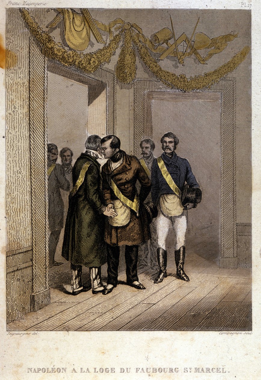 Masonería: Napoleón José Carlos Pablo Bonaparte, apodado Príncipe Jerónimo o Plonplon siendo identificado a la entrada del Templo de Faubourg Saint Marcel. Grabado de "Historia pintoresca de la Francmasonería y de las sociedades secretas antiguas y moderna de French School