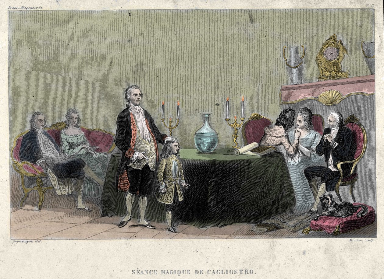 Masonería: sesión de magia por Giuseppe Balsamo, conocido como Alejandro, Conde de Cagliostro (1743-1795). Grabado de "Historia pintoresca de la Francmasonería y de las sociedades secretas antiguas y modernas" por F.-T. B. Clavel. Pagnerre, editor de French School