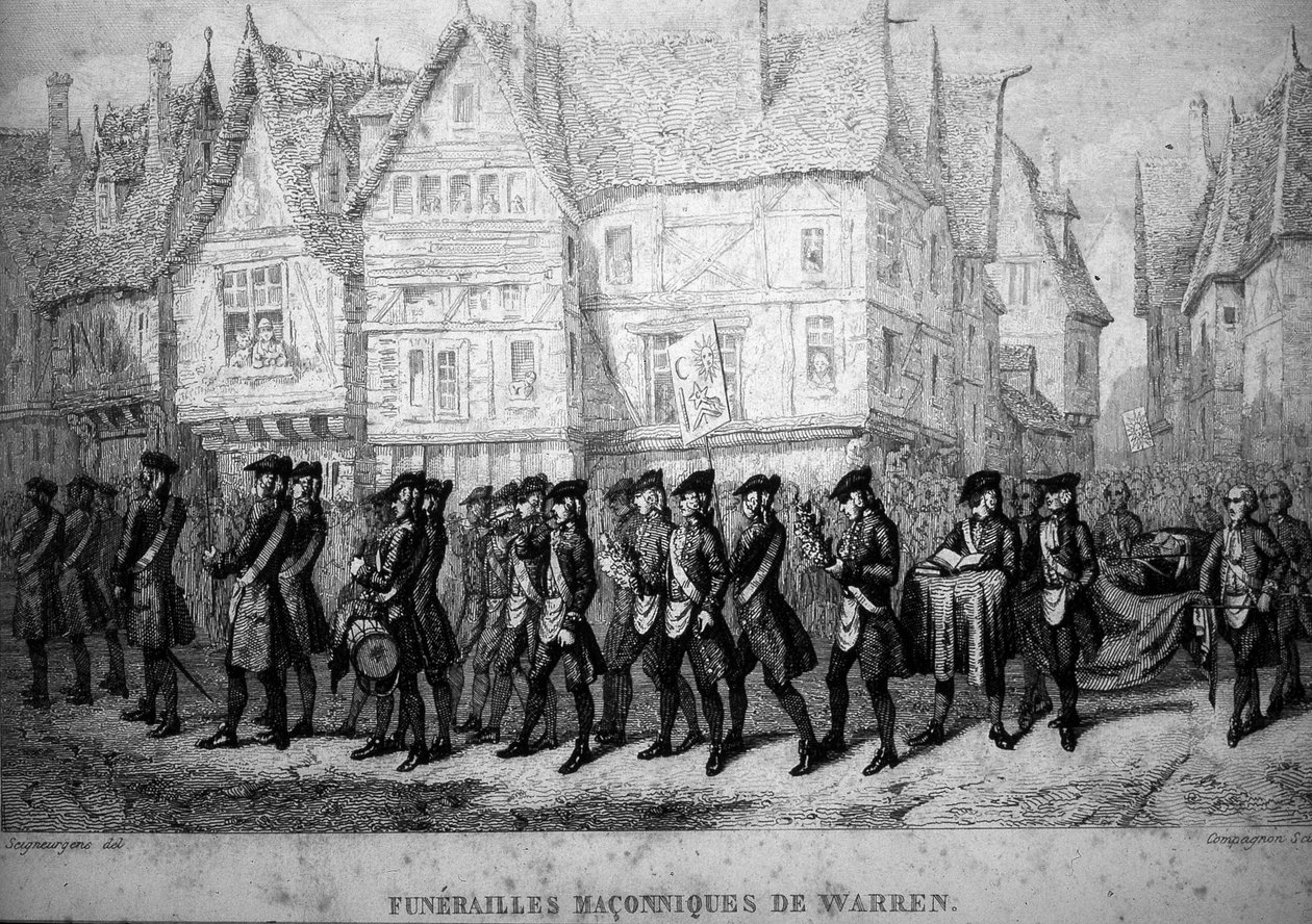 Masonería: Funeral masónico de Warren Hastings (1732-1818), administrador colonial británico. Grabado de “Picturesque Histoire de la Franc Maconnerie et des Societes Secretes antique et modernes” de F.-T. B. Clavel. Pagnerre, editor. 1843. de French School