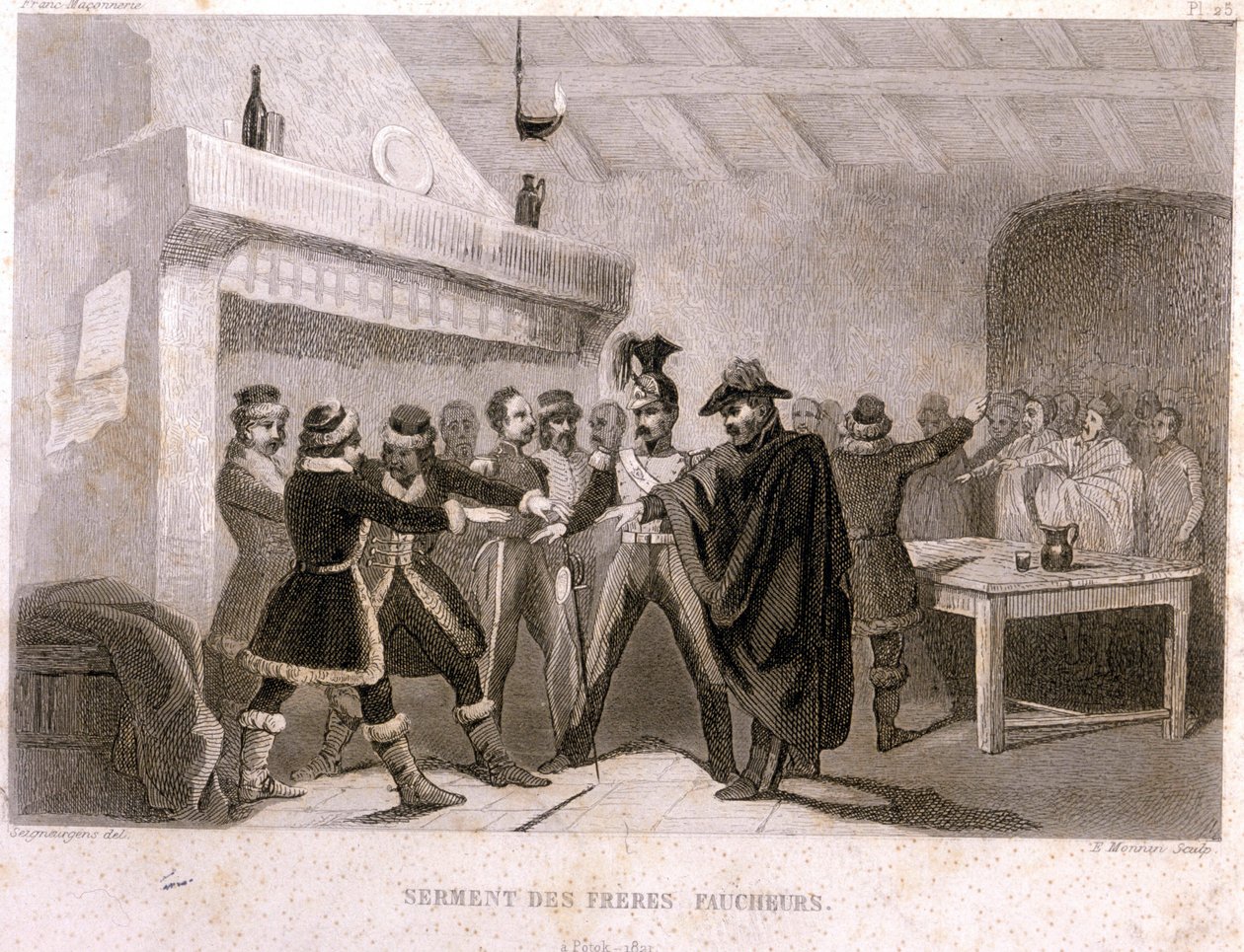 Masonería: el juramento de los hermanos segadores en Potok en 1821. Grabado de “Historia Pintoresca de la Francmasonería y de las Sociedades Secretas antiguas y modernas” por F.-T. B. Clavel. Pagnerre, editor. 1843. de French School