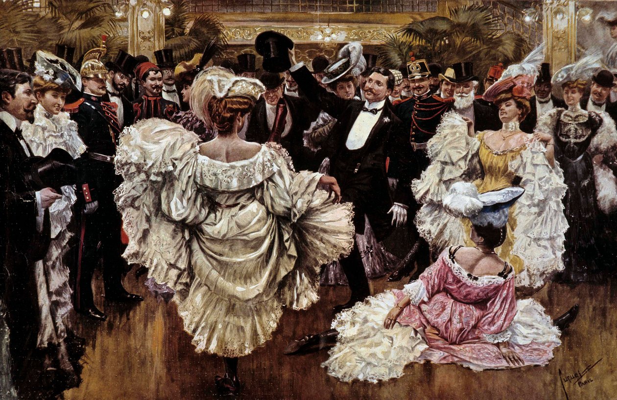 Bailarinas francesas de Cancan durante un espectáculo en un cabaret, principios del siglo XX (impresión) de French School