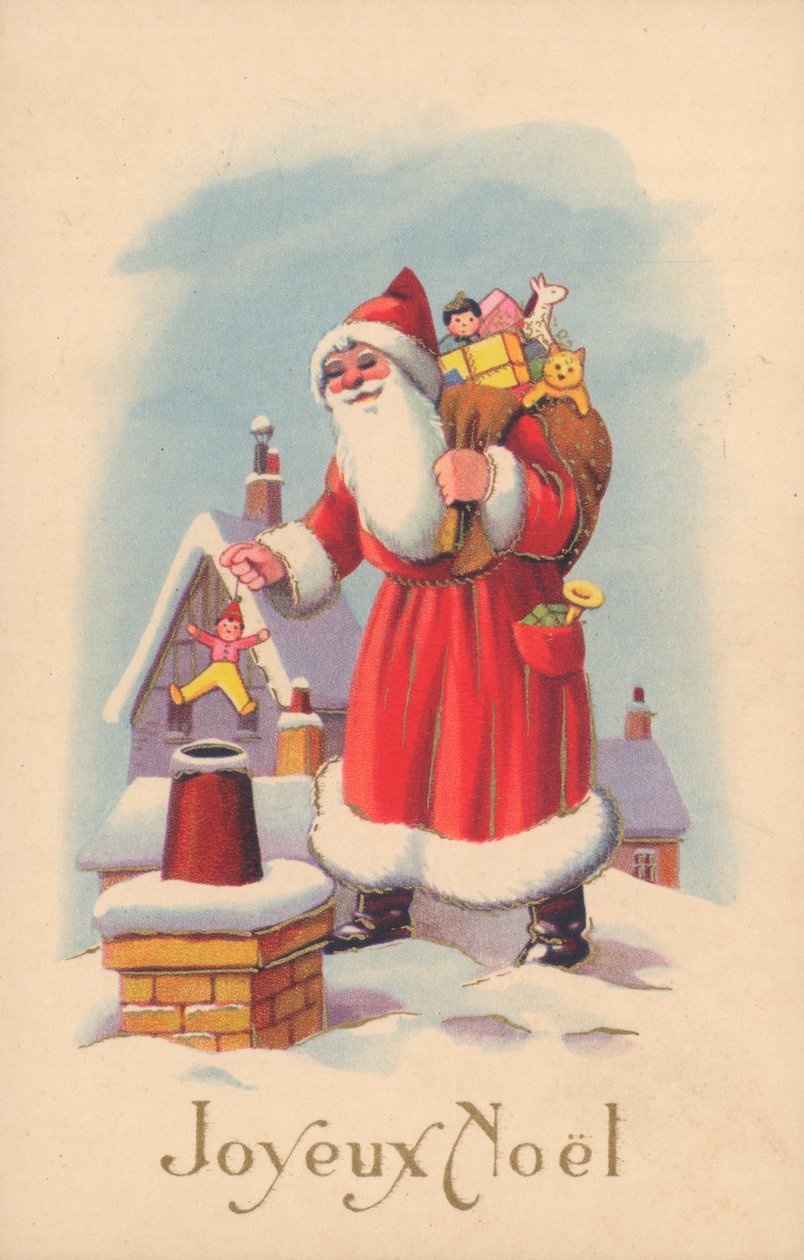 Tarjeta de Navidad francesa (litografía en color) de French School
