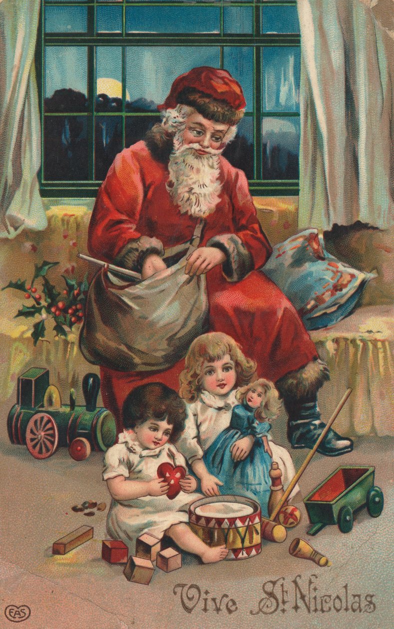 Tarjeta de Navidad francesa (litografía en color) de French School