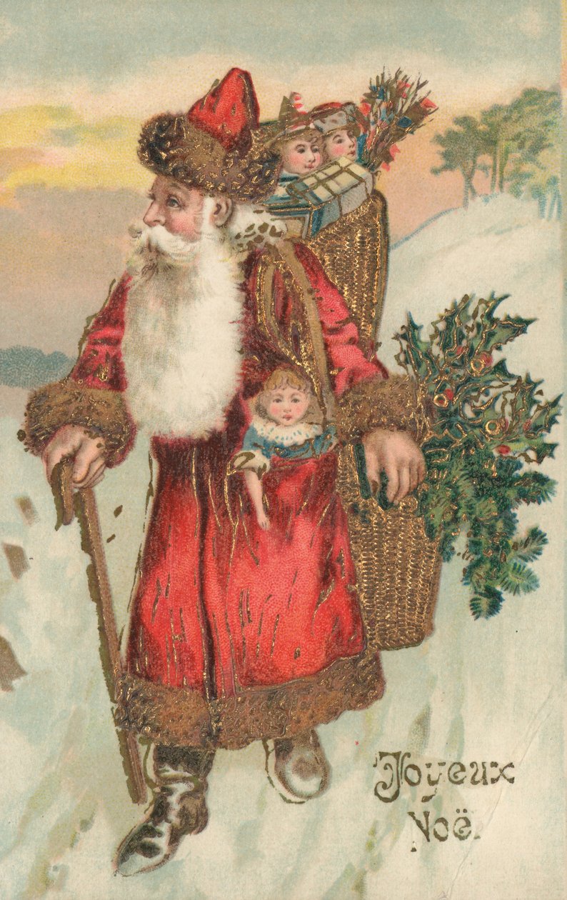 Tarjeta de Navidad francesa (litografía en color) de French School