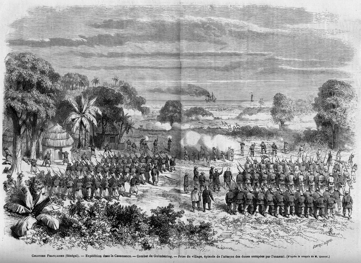 Colonias francesas (Senegal) 1865: Expedición en Casamance. Batalla de Guimbering, Captura del pueblo, episodio del ataque a las dunas ocupadas por el enemigo de French School