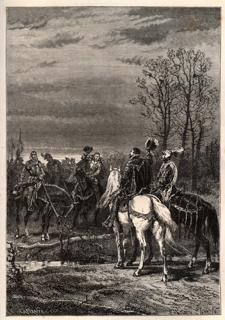Guerras Religiosas Francesas - octubre de 1569 Guerra de Religión - Las conversaciones que precedieron a la Batalla de Moncontour (Henri, Duque de Anjou futuro Enrique III y Gaspard II de Coligny - La Batalla de Moncontour (octubre de 1569) - grabado de "L de French School